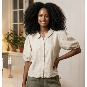 Heroes & Dreamers Linen Blend Button Down Shirt Beige Puff Sleeve